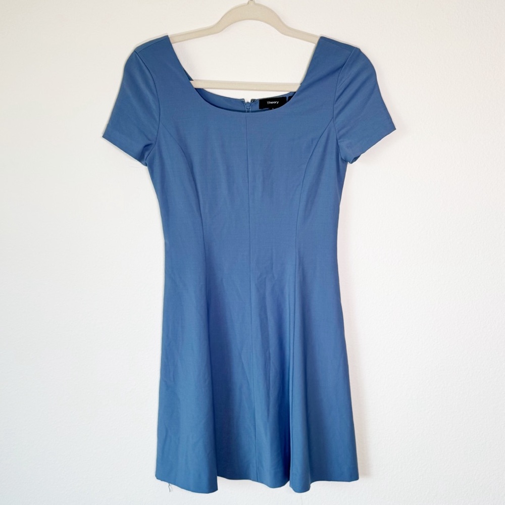 Theory Wool‎ Square Neck Flare Short Sleeve Blue Women's Dress Size 0
